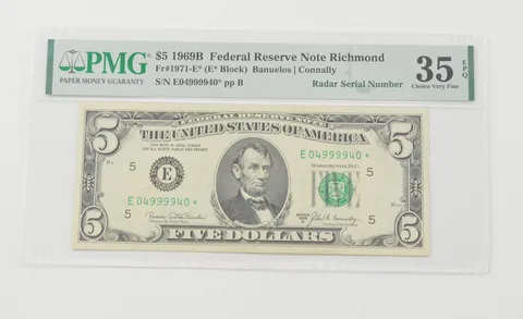 Choice VF35 EPQ 1969-B $5 FRN STAR - FR#1971-E* Radar Serial Number - PMG *6589