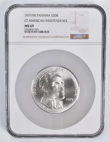 1971 FM Panama 20 Balboas CT.American Independence Silver MS69 NGC