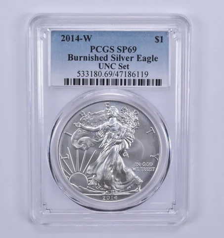 2014-W Burnished Silver Eagle Annual Set SP69 PCGS Blue Label