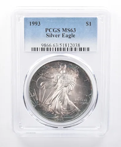 1993 American Silver Eagle MS63 PCGS Blue/Green Tone *8637