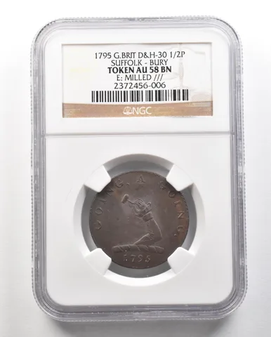 1795 Great Britain D&H-30 1/2 Penny Suffolk-Bury E: Milled AU58 BN NGC a4728