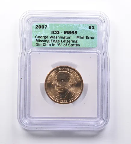 Mint Error MS65 2007 George Washington Dollar Missing Edge Lettering ICG a9637