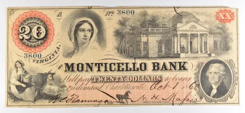 1860 $20 Bank Note Virginia Monticello Bank Large Note N *5576