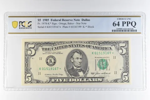 1985 $5 Dallas TX FRN Star Note Fr#1978-K* Choice Unc 64 PPQ PCGS *6535