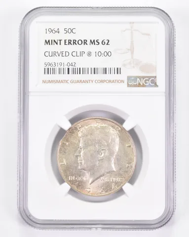 Mint Error MS62 1964 Kennedy Half Dollar - Curved Clip @ 10:00 NGC a8904