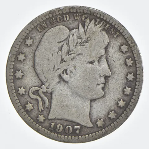 1907-D Barber Quarter 90% Silver VG Condition