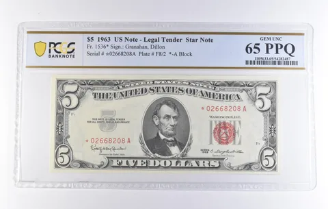 1963 $5 Legal Tender Star Note Fr#1536* Gem Unc 65 PPQ PCGS *8328