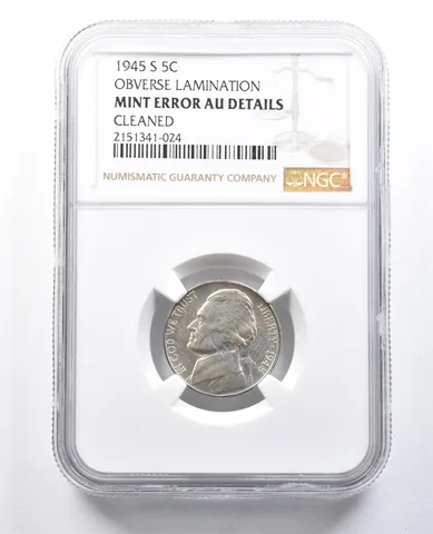 1945-S Jefferson Nickel Mint Error Obv Lamination AU Details Cleaned NGC *8234