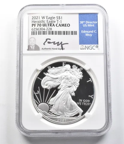 PF70 UCam 2021-W American Silver Eagle Heraldic Eagle T-1 Moy Signed NGC *5853