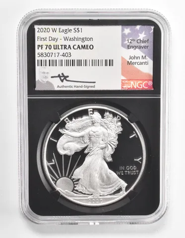 PF70 UCAM 2020-W American Silver Eagle FDOI Washington Mercanti NGC a1117