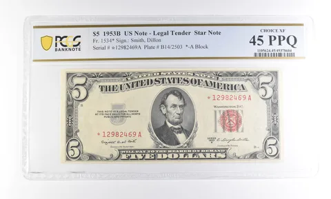 1953 B $5 US Legal Tender Star Note Fr#1534* Choice XF 45 PPQ PCGS a2314