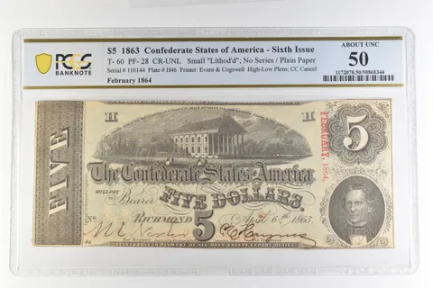 1863 $5 Confederate States America T-60 PF-28 CR-UNL AU 50 PCGS *4388