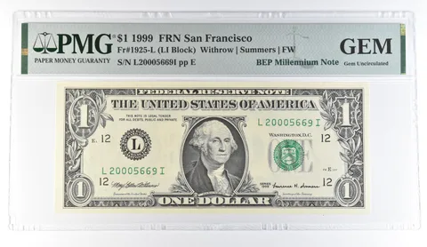 1999 $1 San Francisco FRN Fr#1925-L BEP Millennium Note PMG Fancy Serial *8093