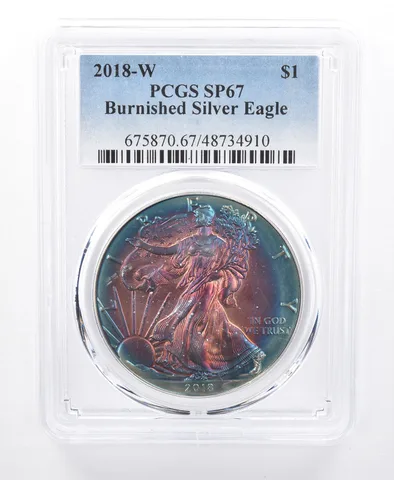 2018-W Burnished Silver Eagle SP67 PCGS Purple/Blue Tone *8689