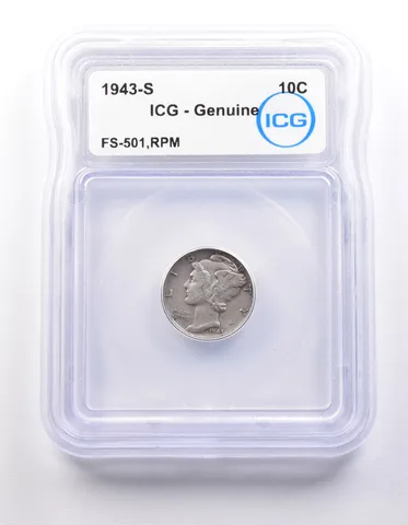 1943-S Mercury Dime FS-501 RPM Genuine ICG *9821
