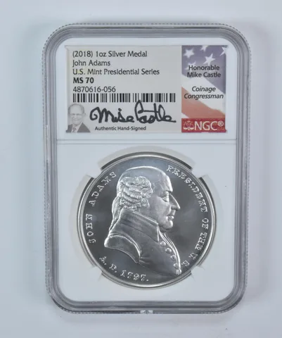 (2018) 1 Oz Silver Presidential Medal John Adams Mike Castle MS70 NGC a5717