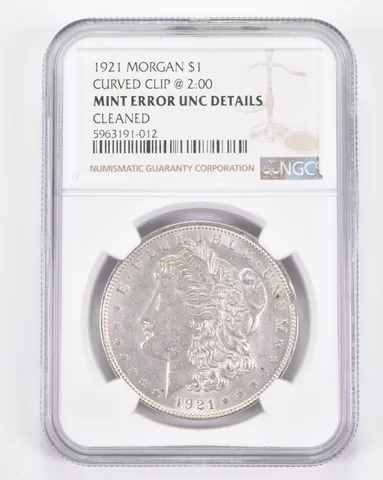 Mint Error UNC Details 1921 Morgan Silver Dollar - Curved Clip @ 2:00 NGC a8853