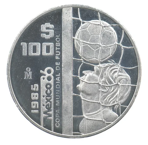 1985 Mo Mexico 100 Pesos Silver Copa Mundial De Fútbol 1986 World Cup *6396