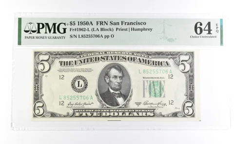 PMG 64 Unc EPQ 1950 A $5 San Francisco, CA US FRN Green Seal Fr#1962-L *1036