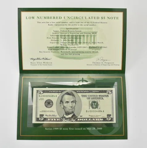 1999 $5 FRN J Bank Low Serial Number BEP *0383