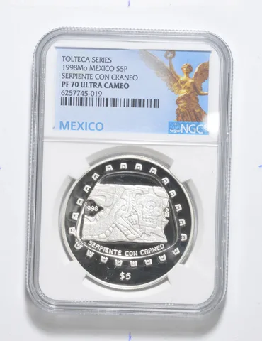 PF70 UCAM 1998 Mo Mexico Silver 5 Pesos Tolteca Serpiente Con Craneo NGC *3396