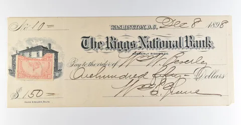 1898 Washington DC Riggs National Bank Check $150 *8477