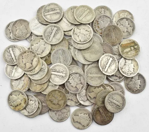 1929-S Mercury 90% Silver Dime Roll Lot of 50 PCS $5 Face
