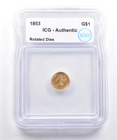 1853 $1 Liberty Head Gold Dollar Error Rotated Dies Authentic ICG *7394