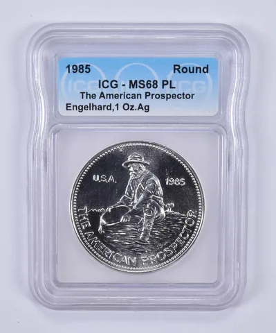 1985 Engelhard American Prospector 1 Troy Oz Silver Round MS68 PL ICG