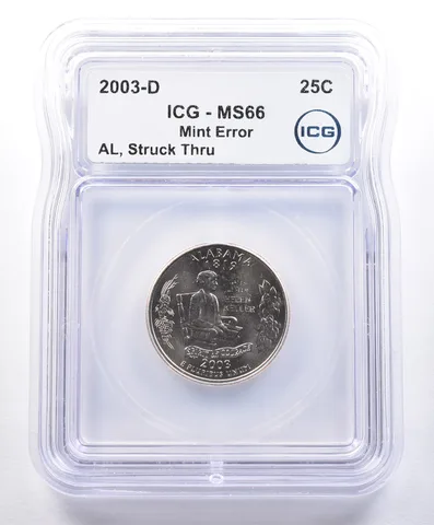 2003-D Washington State Quarter Alabama Mint Error Struck Thru MS66 ICG *4051