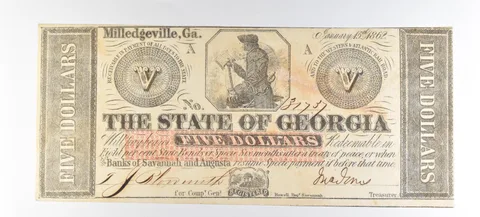 1862 $5 Milledgeville GA Obsolete Note *8801