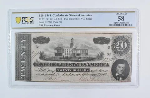 1864 $20 Confederate T-67 PF-12 CR-512 CSA Treasury Stamp AU 58 PCGS a5874