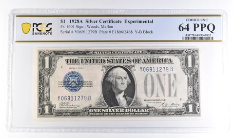 1928 A $1 Silver Certificate Experimental Fr#1601 Choice Unc 64 PPQ PCGS *6109