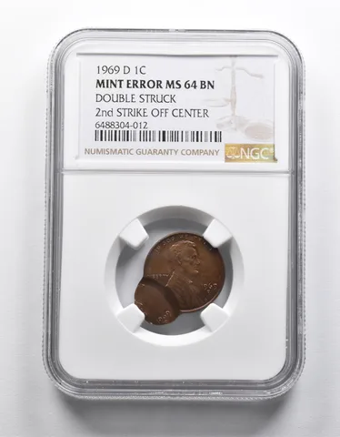 Mint Error MS64 1969-D Lincoln Cent DBL Struck 2nd Strike Off Center NGC *1949