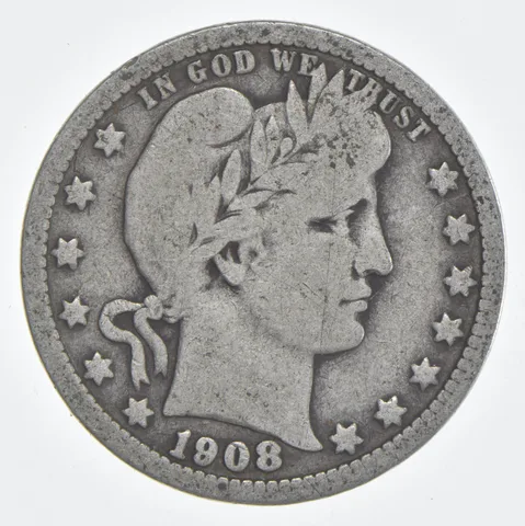 1908-D Barber Quarter 90% Silver VG Condition