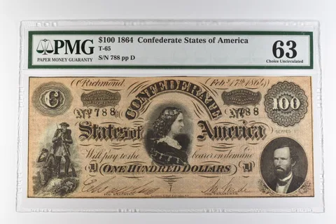 1864 $100 Confederate States of America T-65 Choice Uncirculated 63 PMG *0959