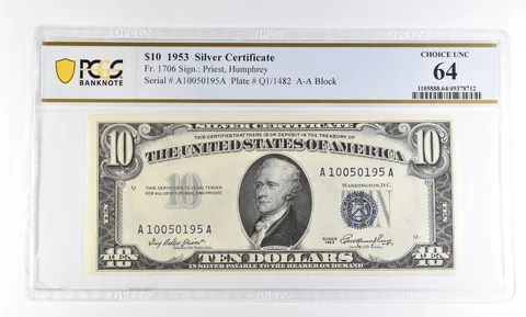 1953 $10 Silver Certificate Fr#1706 Choice Unc 64 PCGS a2768