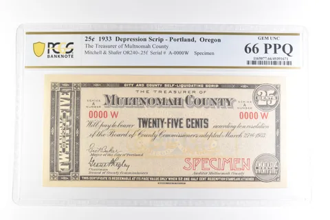 1933 25 Cents Scrip Portland OR Multnomah County Gem Unc 66 PPQ PCGS *2095