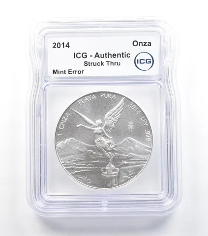 2014 Mo Mexico 1 Onza Silver Libertad Mint Error Struck Thru Authentic ICG *5047