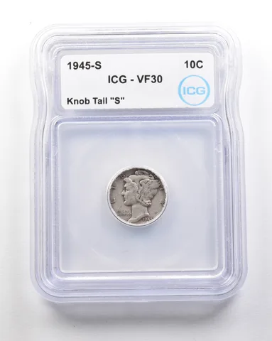 1945-S Mercury Dime Mint Error Knob Tail "S" VF30 ICG a1713