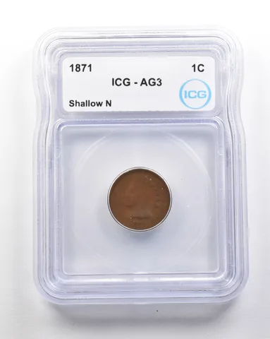 1871 Indian Head Cent Mint Error Shallow N AG3 ICG *1682