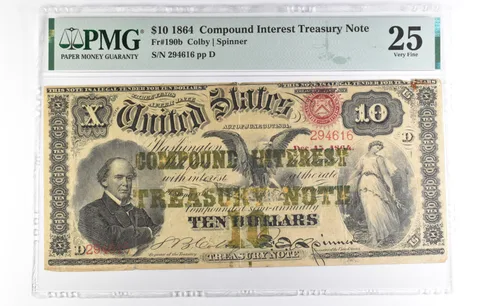 1864 $10 Compound Interest Treasury Note Fr#190b 25 VF PMG a1950