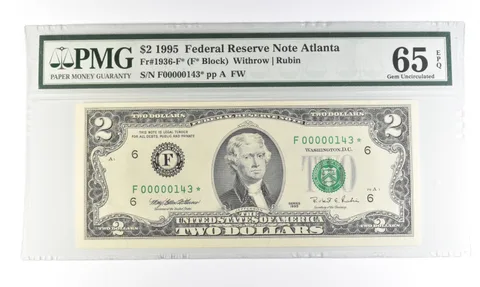 1995 $2 Atlanta GA FRN Fr#1936-F* Star Error Gem Unc 65 EPQ PMG Low Serial *5461