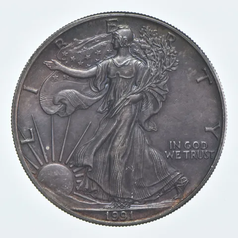 Beautiful Toned - 1991 American Silver Eagle 1 Troy Oz .999 Fine Silver *958