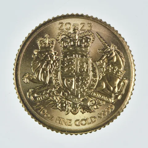 2023 Great Britain 10 Pound Gold British Royal Arms 1/10 Oz .9999 Gold