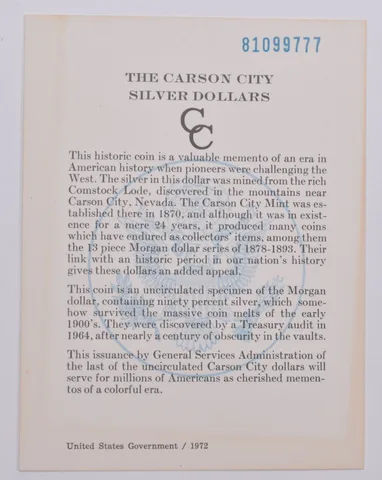 COA 1881 GSA Certificate Original Card for CC Morgan Silver Dollar (1card)