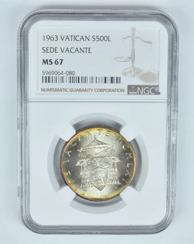 MS67 1963 Vatican 500 Lire Silver Sede Vacante Graded NGC INSANE Tone *8886