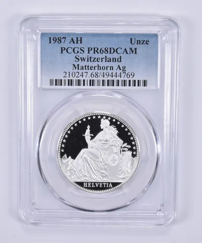 1987 AH Switzerland Unze Matterhorn Ag PR68 DCAM PCGS Blue Label
