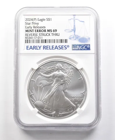 2024 (P) American Silver Eagle Star Privy Error Rev Struck Thru MS69 NGC *5676