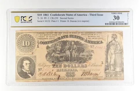 1861 $10 Confederate States Large Note T-30 PF-3 CR-239 VF30 Details PCGS *4156